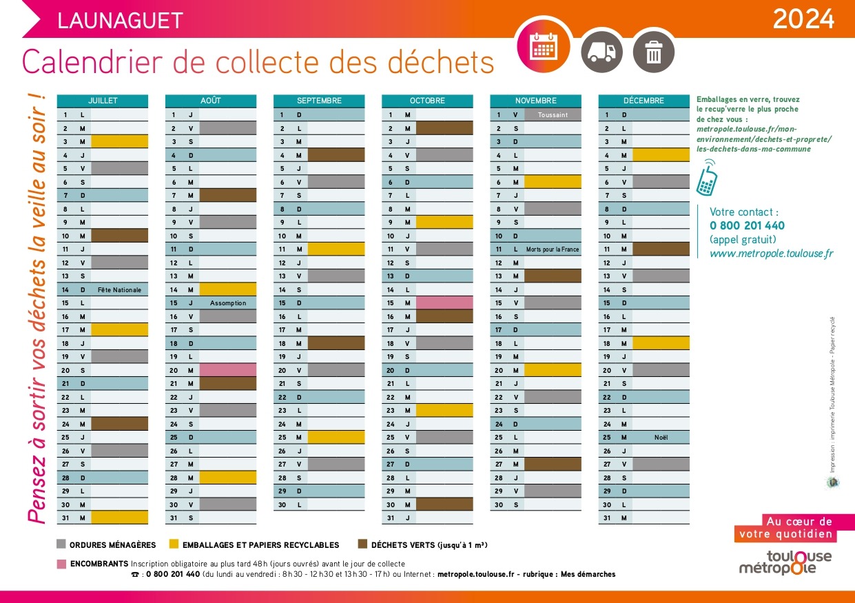 Calendrier de collecte des déchets 2025 Ville de Launaguet