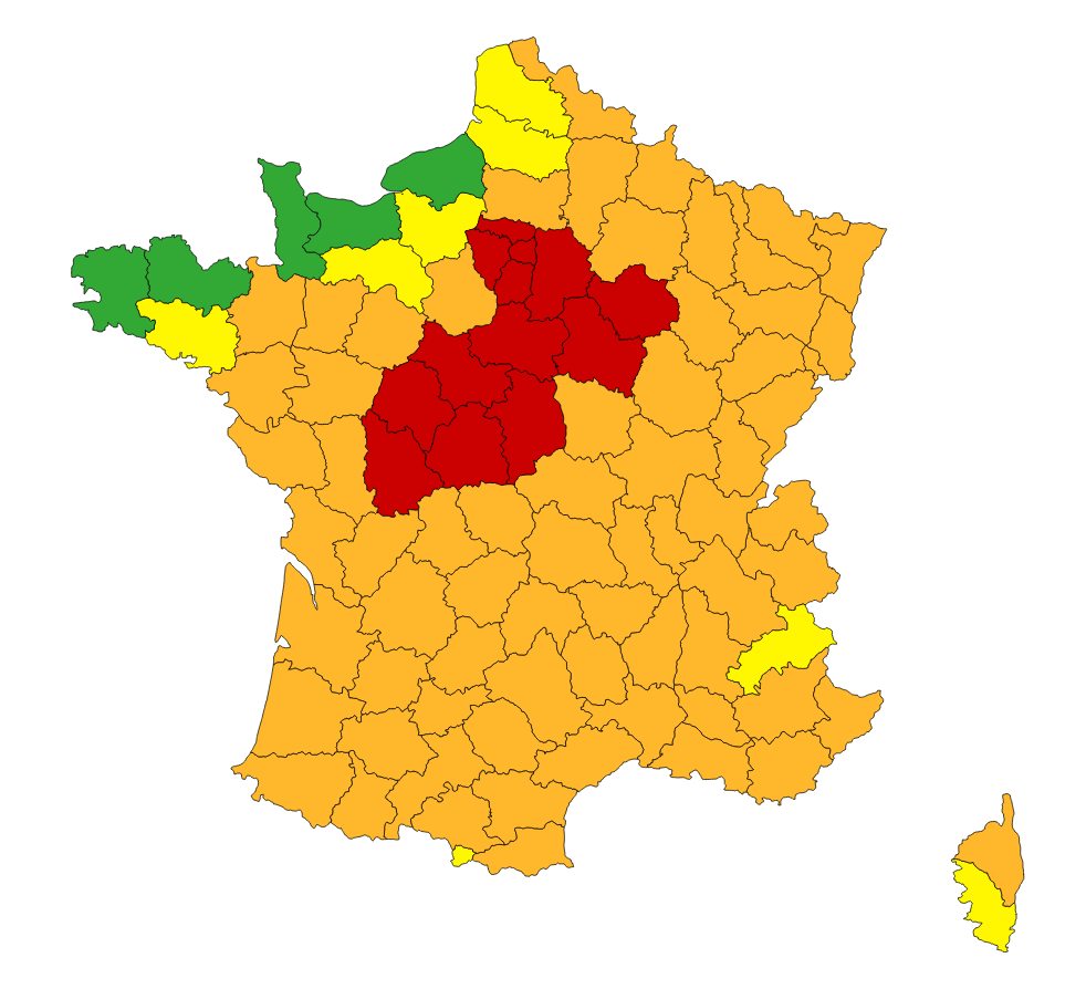 Carte de la vigilance météorologique du mardi 1er juillet 2025.